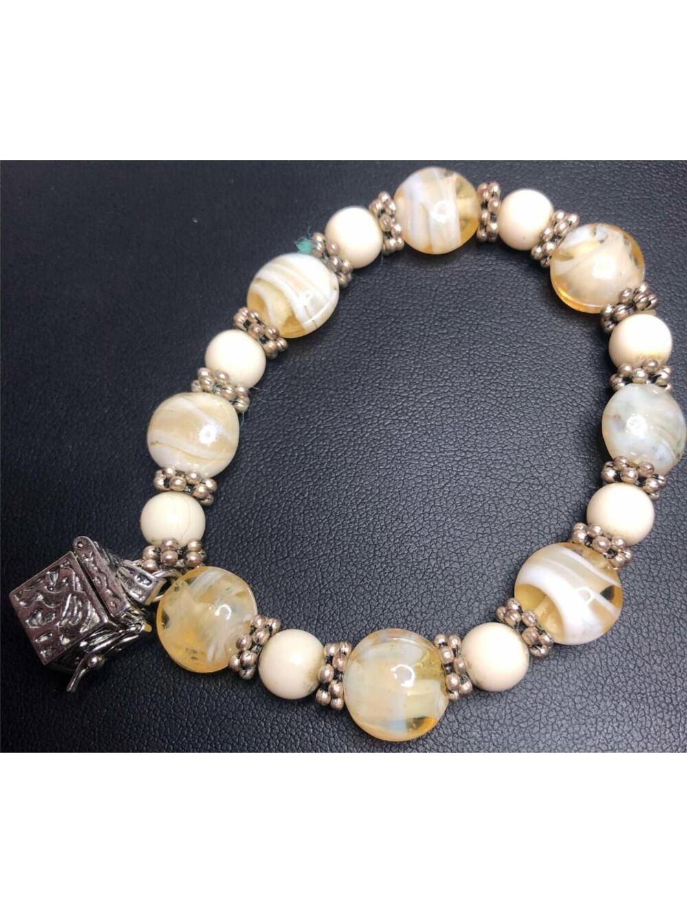 3286 Alexa's Angels Prayer Box Cream ivory Beaded Charm Stretch Bracelet